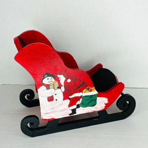 Wood Hand Painted Santa Sleigh Christmas Decor Table Plant Basket - Picture 2 of 6